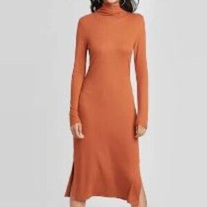 NWOT A New Day Womens Mock Neck Turtleneck Rib Knit L/S Midi Dress Brown XS